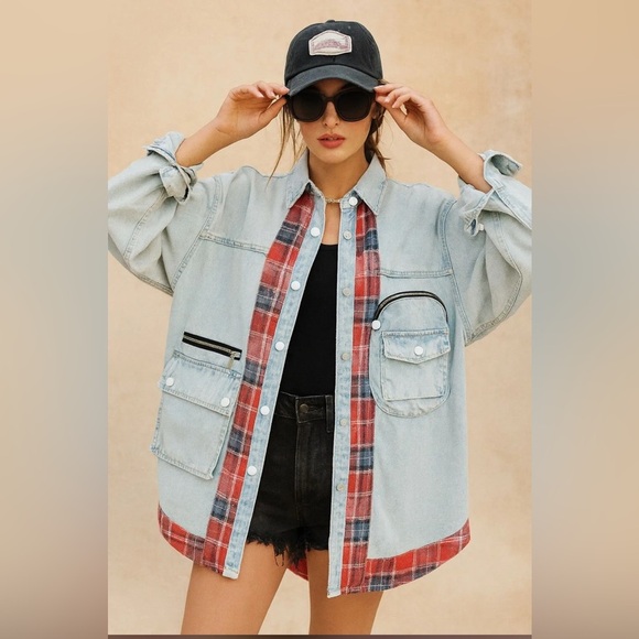 Jackets & Blazers - Women's Denim and Plaid Jacket